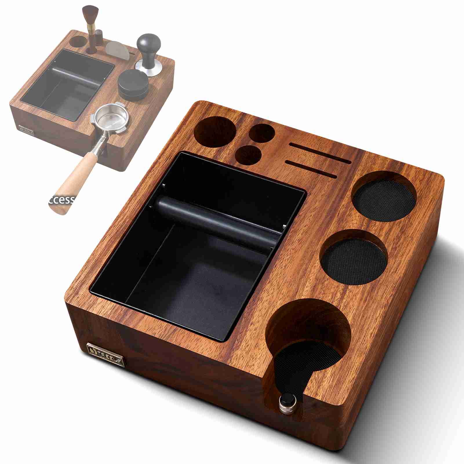 Treelf 3-in-1 Espressomaschine Und Tamperstation (51/54 Mm), Kaffeedruckentlastungsständer, Werkzeugorganizer Aus Walnussholz Mit Filterhalter Für Die Theke Zu Hause Oder In Der Bar.