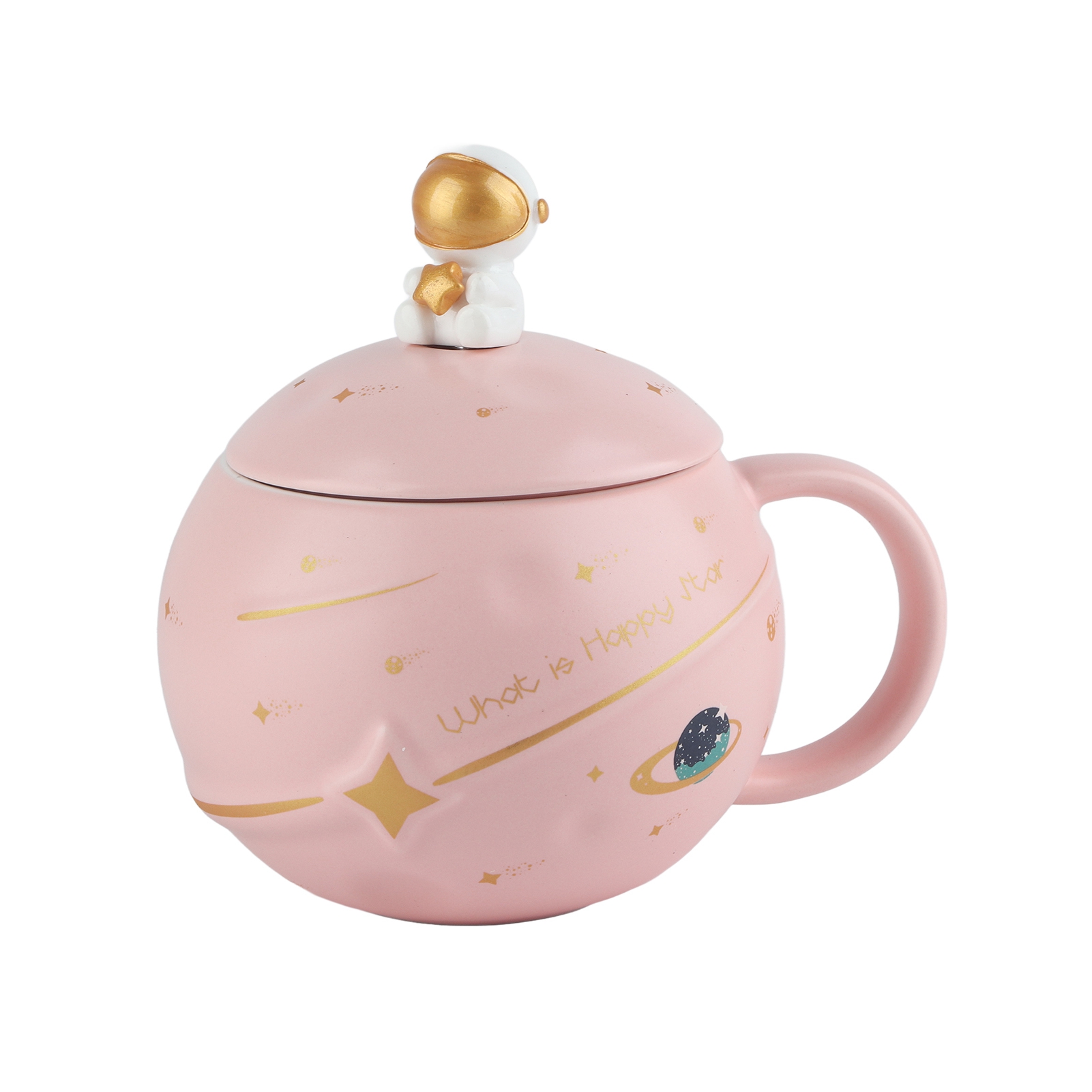 Astronautenbecher, 400 Ml, Originelles Und Attraktives Design, Ergonomischer Griff, Keramikbecher Mit Deckel Und Löffel Für Kaffee, Tee Oder Milch, Rosa Farbe.