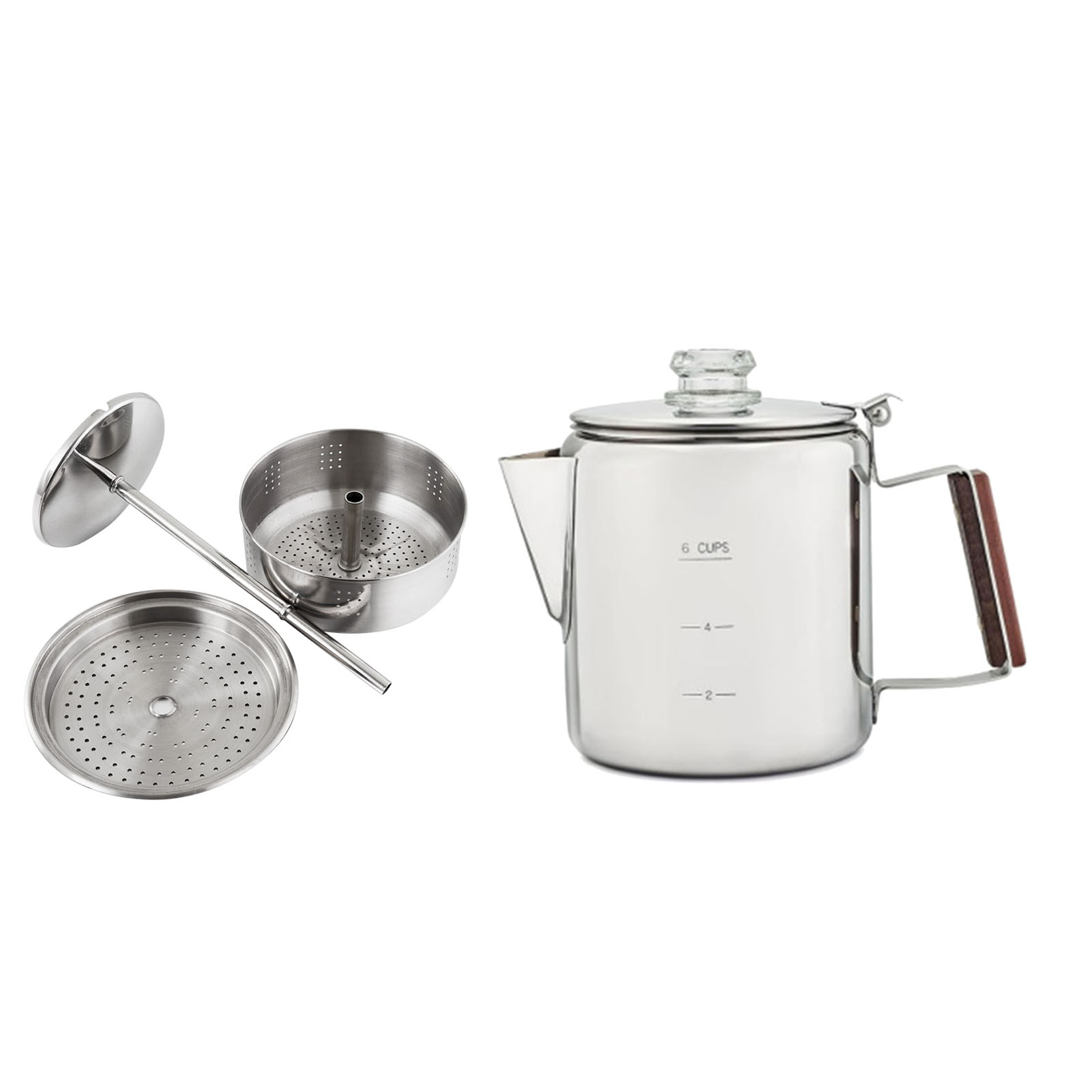 Tischkaffeemaschine Aus Edelstahl Mit V-förmigem Ausguss Und Holzgriff, Geeignet Für Viele Herdarten, Ideal Für Camping Und Picknicks. Farbe: Silber. Fassungsvermögen: 6 Tassen (900–1500 Ml).