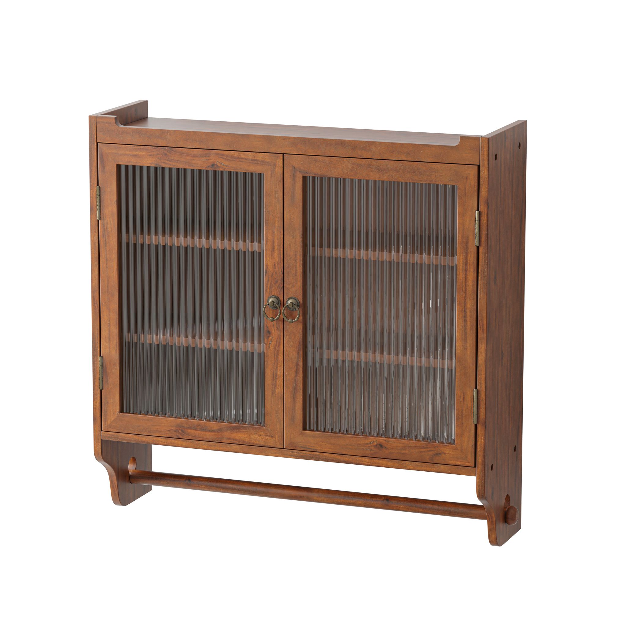 Elvmi Hängeschrank Mit 2 Türen, 3 Herausnehmbaren Einlegeböden Und Handtuchhalter Für Bad Aus Holz Und Glas 63×18×60 Cm Braun