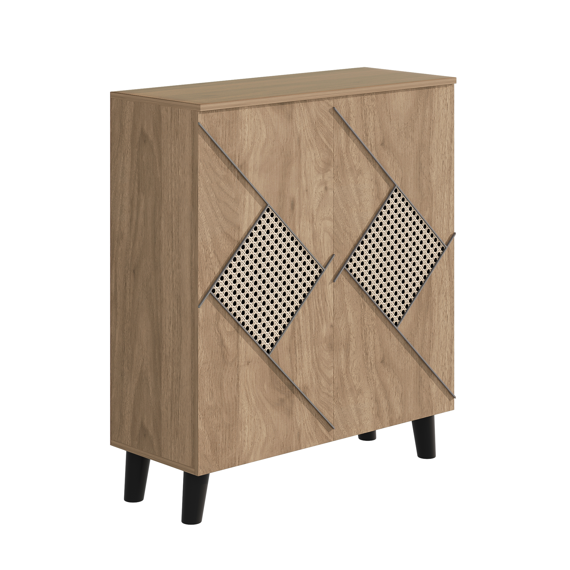 Elvmi Schuhschrank Mit 2 Türen Und Fächern, Dekoratives Rattanmuster Für Flur, Aus Spanplatte, 80×31×91 Cm, Holzoptik