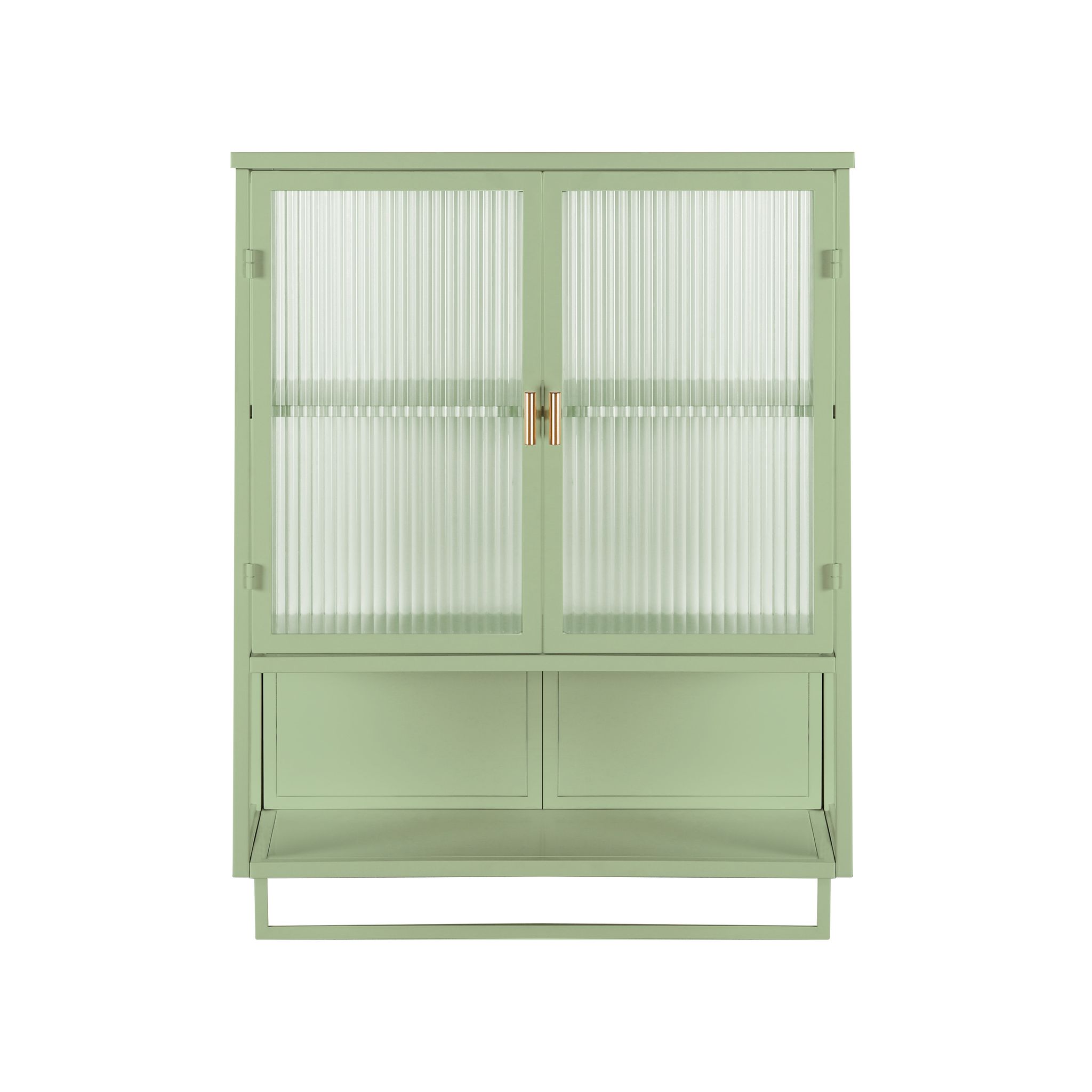 Elvmi Hängeschrank Mit 2 Türen, 1 Herausnehmbarem Boden, 1 Offenem Fach Und Handtuchhalter Für Bad Aus Glas Und Metall 60×23×78 Cm Grün