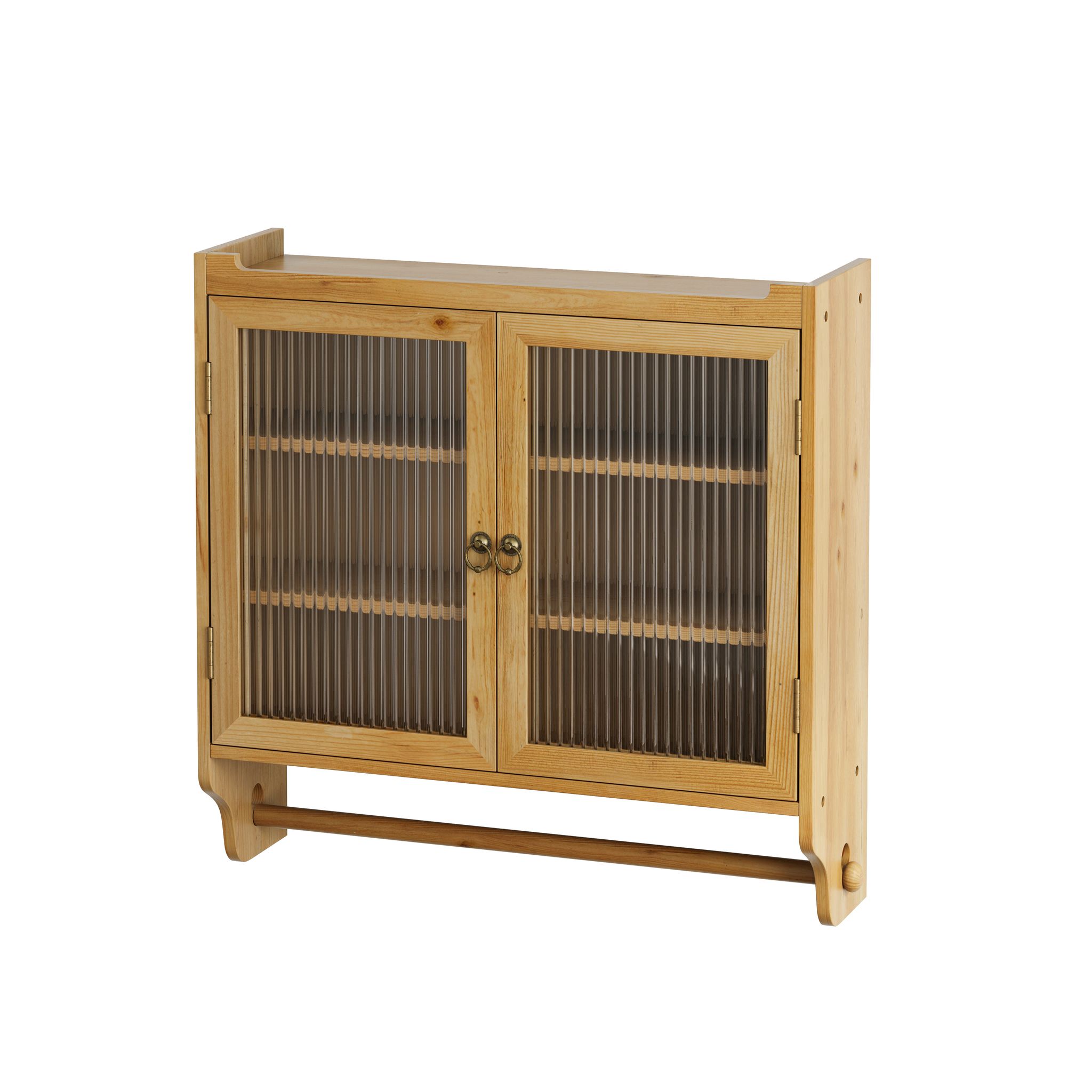 Elvmi Hängeschrank Mit 2 Türen, 3 Herausnehmbaren Böden Und Handtuchhalter Für Bad Aus Holz, 63×18×60 Cm, Natur