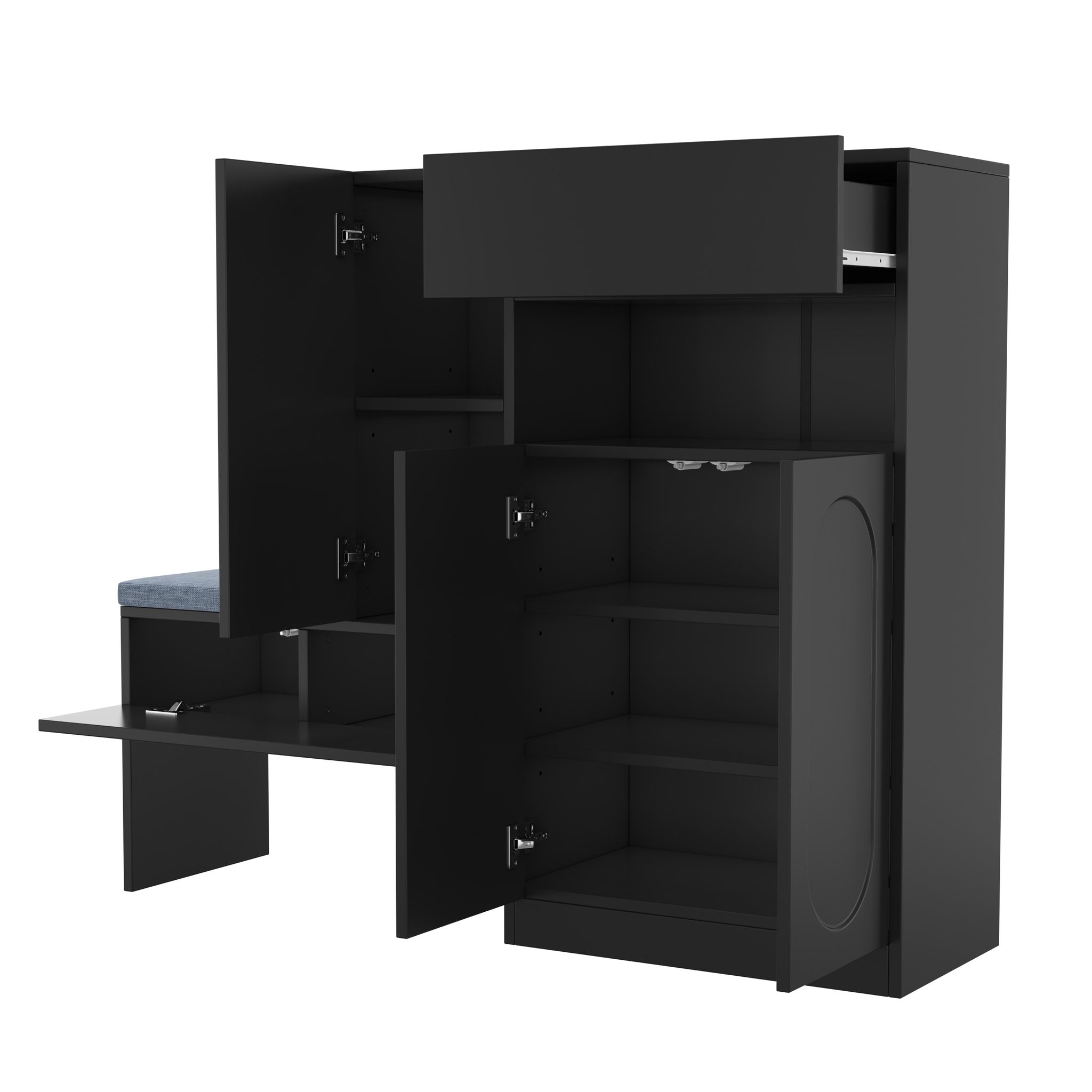 Elvmi Schuhschrank Mit 2 Türen, 1 Offenem Fach Und Verstellbaren Einlegeböden, Mit Sitzbank, Für Flur, Aus Spanplatte, 130 × 35 × 110 Cm, Schwarz