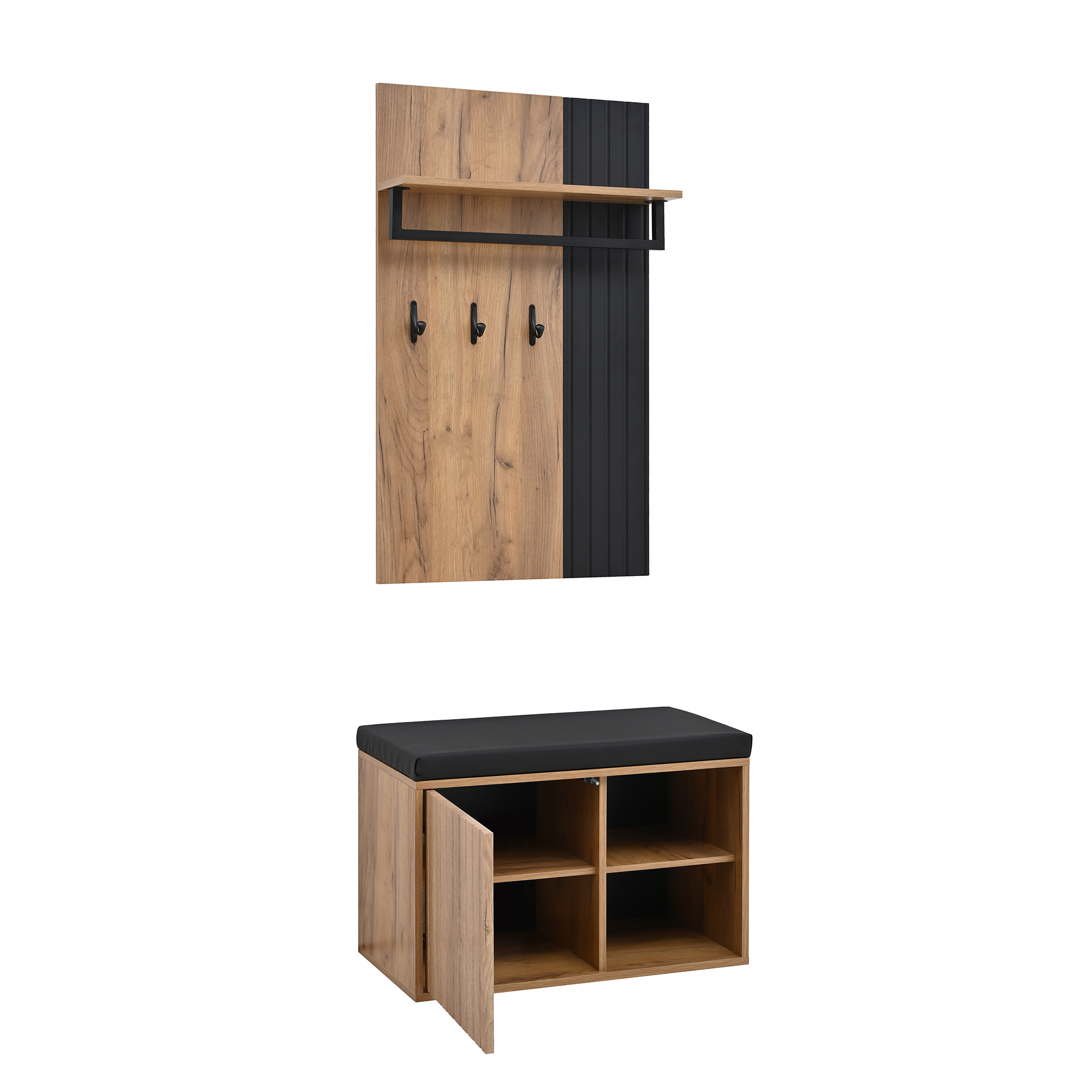 Elvmi Garderobenschrank Mit 2 Türen, 3 Haken Und Gepolsterter Schuhbank Für Flur Aus Spanplatte 70 × 36 × 146 Cm Schwarz Und Natur