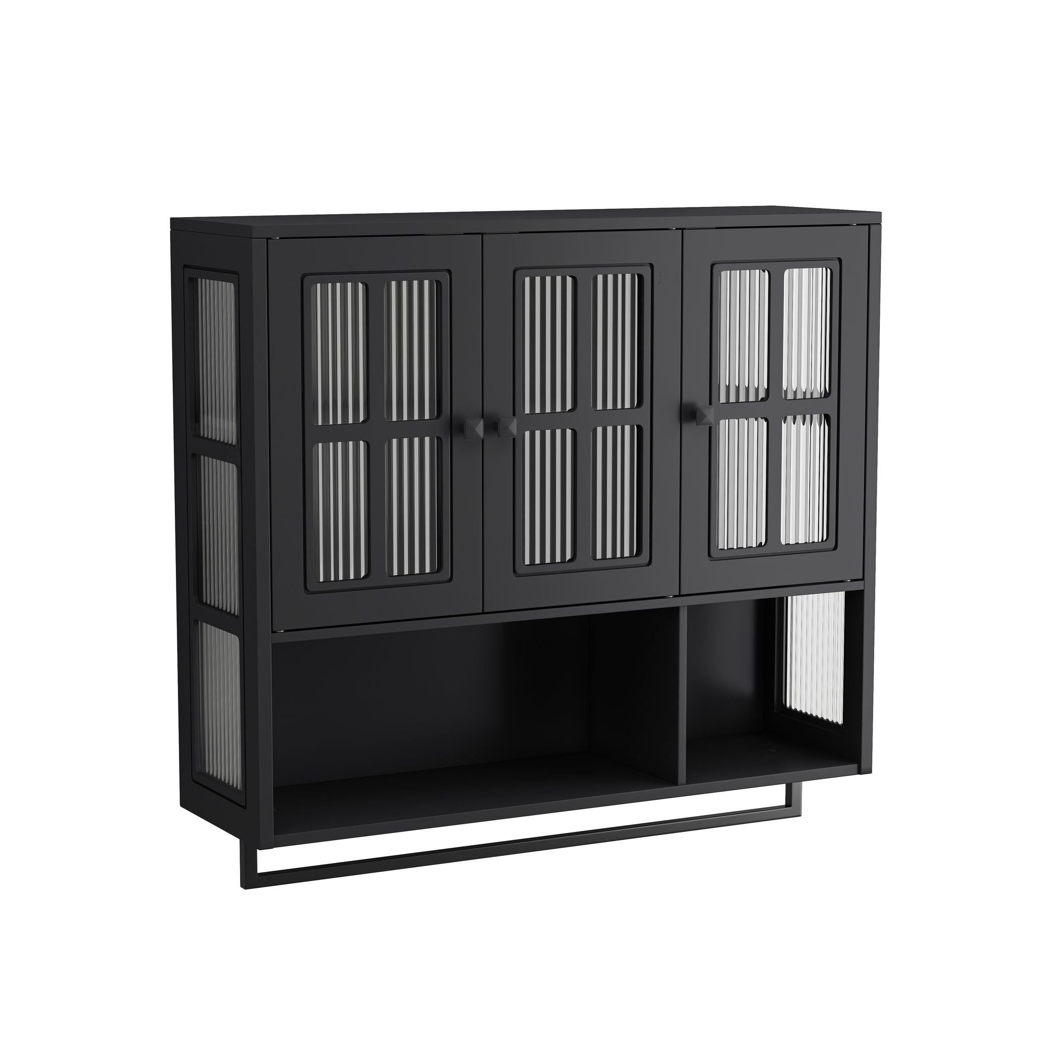 Elvmi Wandschrank Mit 3 Türen, 1 Offenem Fach Und Handtuchhalter, Herausnehmbare Einlegeböden, Bad, Mdf Und Glas, 88 × 26 × 82.5 Cm, Schwarz