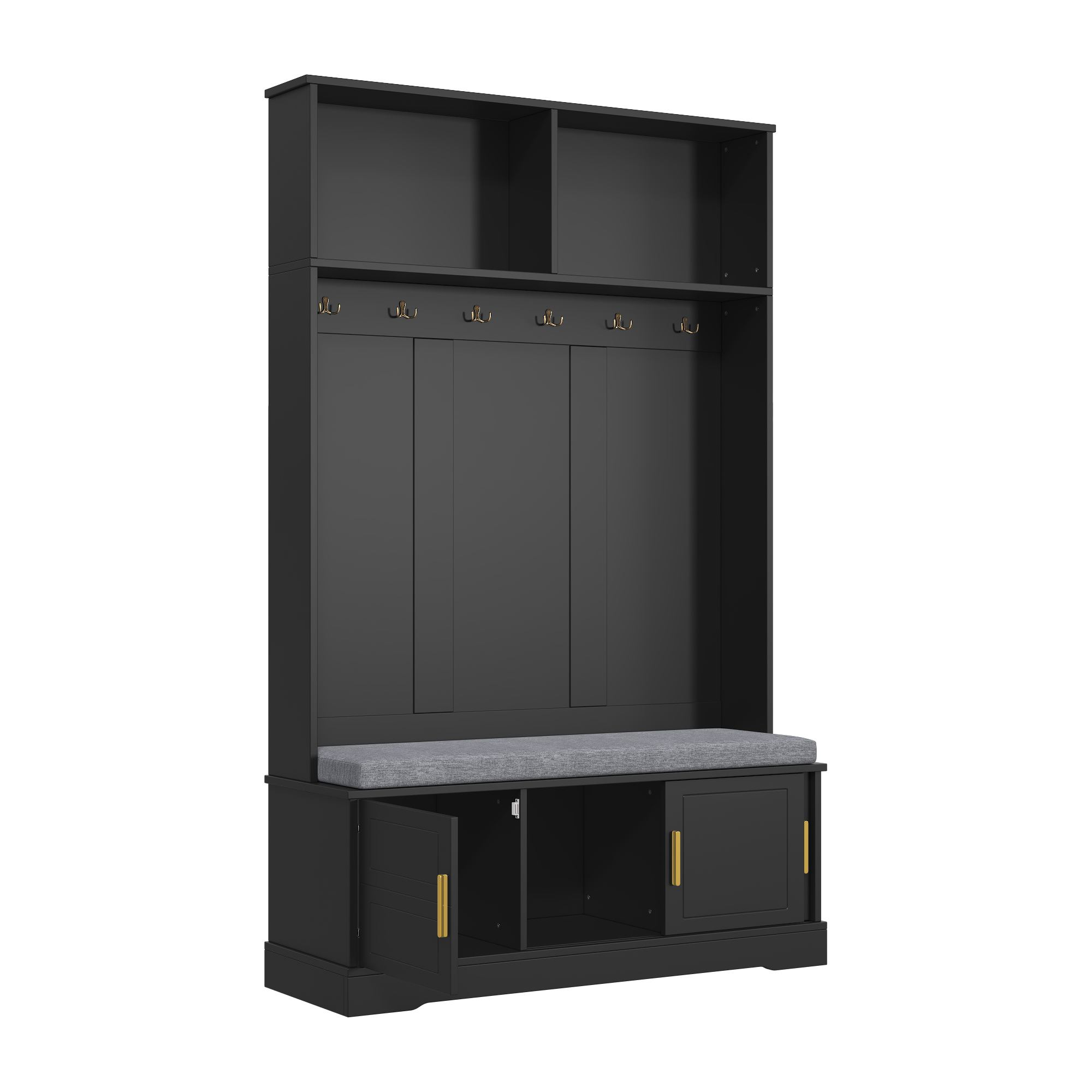 Elvmi Garderobenständer Mit 6 Haken, Schuhbank Und Offenen Ablagen Für Flur Aus Spanplatte 120 × 40 × 191 Cm Schwarz
