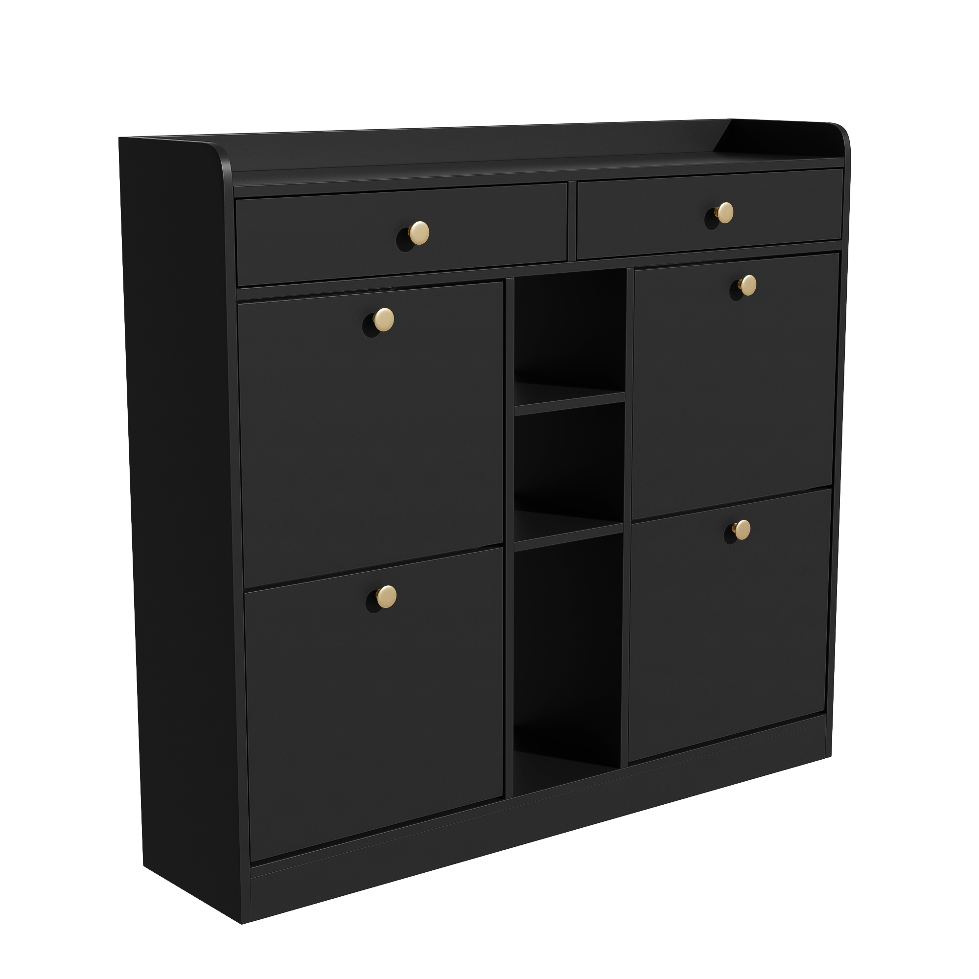 Elvmi Schuhschrank Mit 4 Klapptüren, 2 Schubladen Und 3 Offenen Fächern Für Flur Aus Spanplatte 110 × 26 × 100 Cm Schwarz