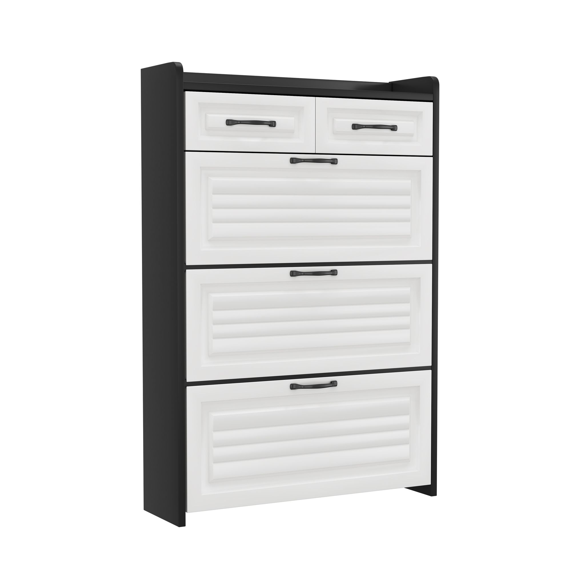 Elvmi Schuhschrank Mit 3 Klappen Und 2 Schubladen Mit Kippsicherung Für Eingangsbereich Aus Spanplatte 80×23.5×131 Cm Weiß Und Schwarz