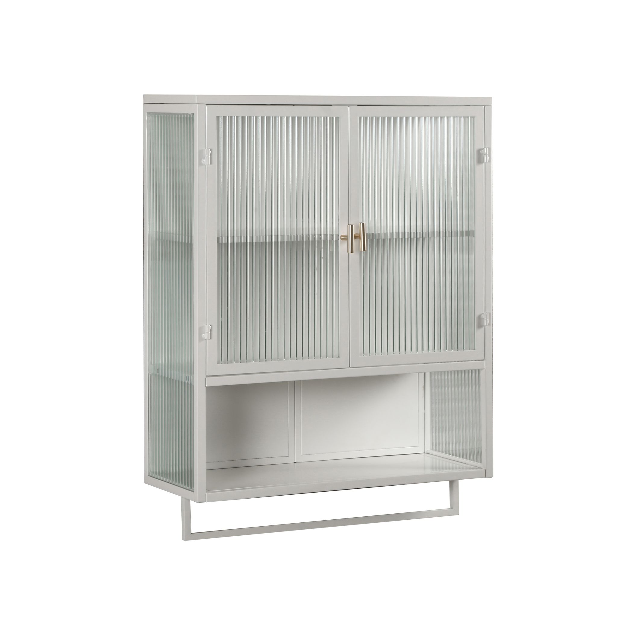 Elvmi Hängeschrank Mit 2 Türen, 1 Offener Ablage Und Handtuchhalter Für Badezimmer Aus Metall Und Glas, 60×23×78 Cm, Weiß