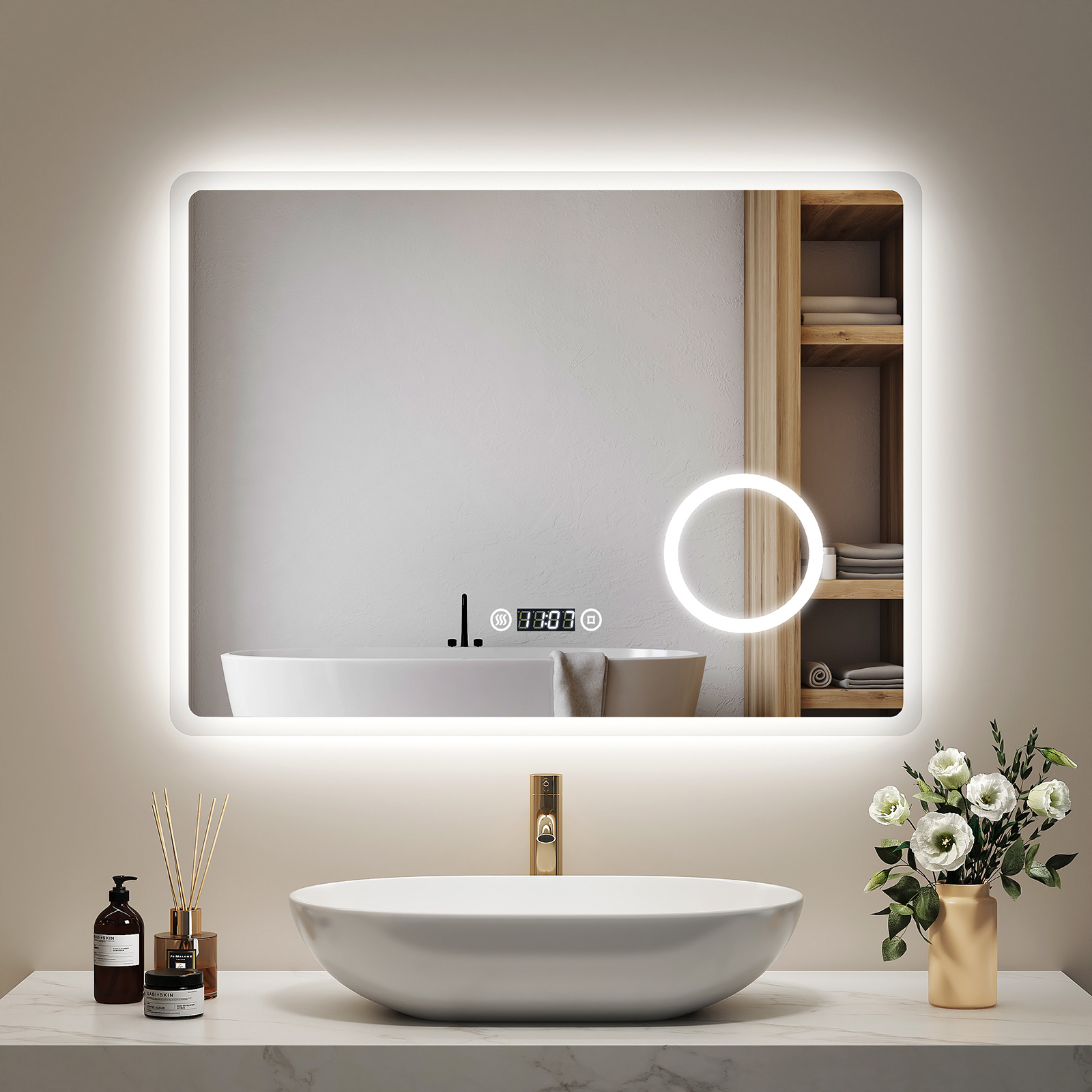 Emke Led Badspiegel 80 X 60 Cm Mit Antibeschlag, Kaltweiß, Dimmbar, 3x Vergrößerung Und Uhr