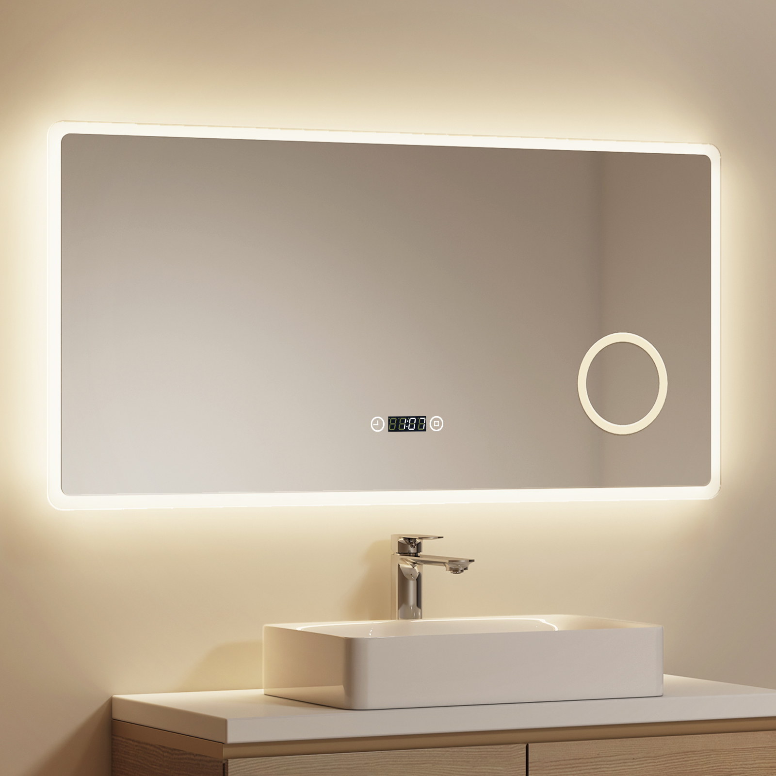 Emke Led Badspiegel 100 X 60 Cm, Beleuchtet, Rahmenlos, Mit Touch-schalter, Uhr Und 3x Vergrößerung