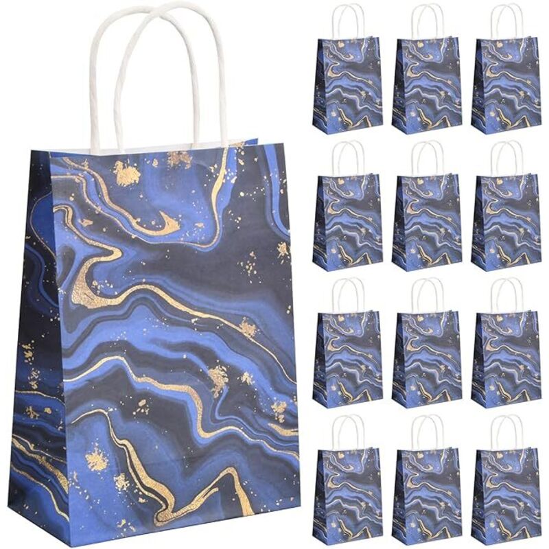 12 Geschenktüten Aus Papier Mit Henkeln – Partytüten Für Geburtstage, Hochzeiten, Süßigkeiten, Geschenkverpackung, Blauer Marmor