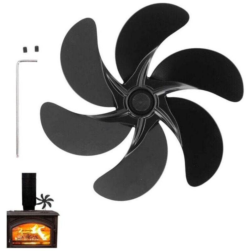 Ventilateur Pour Cheminée 6 Lames En Aluminium Noir, Silencieux Et Efficace, Accessoire Pour Poêle À Bois, Distribution De Chaleur Optimisée
