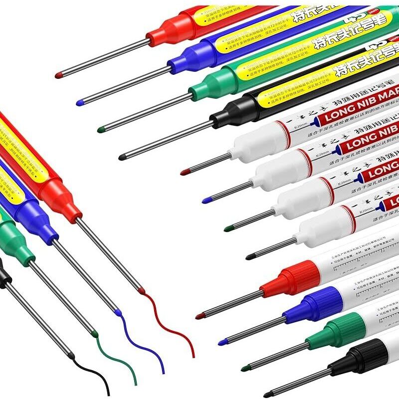 Lot De 12 Marqueurs À Pointe Extra Longue Pour Trous Profonds 45/32/20mm, Étanches, Bois Plastique Mur, Rouge Noir Bleu Vert