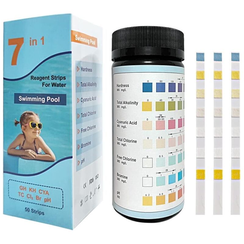 50 Bandelettes Test Piscine 7 En 1, Analyse Ph Chlore Dureté Alcalinité, Pour Eau De Piscine, Aquarium Et Puits
