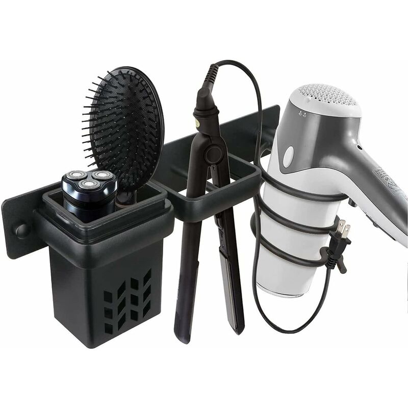 Professionelles, Wandmontiertes Aufbewahrungsset Aus Aluminium Für Haartrockner Und Glätteisen Mit Ablage Und Becherhalter, Silber-schwarze Ausführung.