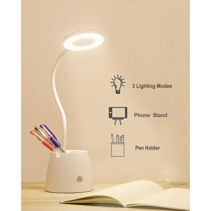 Dimmbare Led-schreibtischlampe Mit 3 Leuchtmodi, Wiederaufladbar (2000 Mah), Ideal Für Kinder. Ausgestattet Mit Stifthalter, Handyhalterung, Augenschutz Und Flexiblem Schwanenhals.