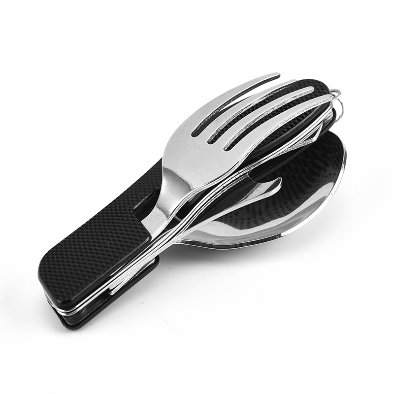 2-teiliges Reisebesteck-set (insgesamt 4 Teile): 1 Besteckteil Mit Aluminiumgriff Für Die Herdplatte, Gabel, Löffel Und Flaschenöffner – Schwarz