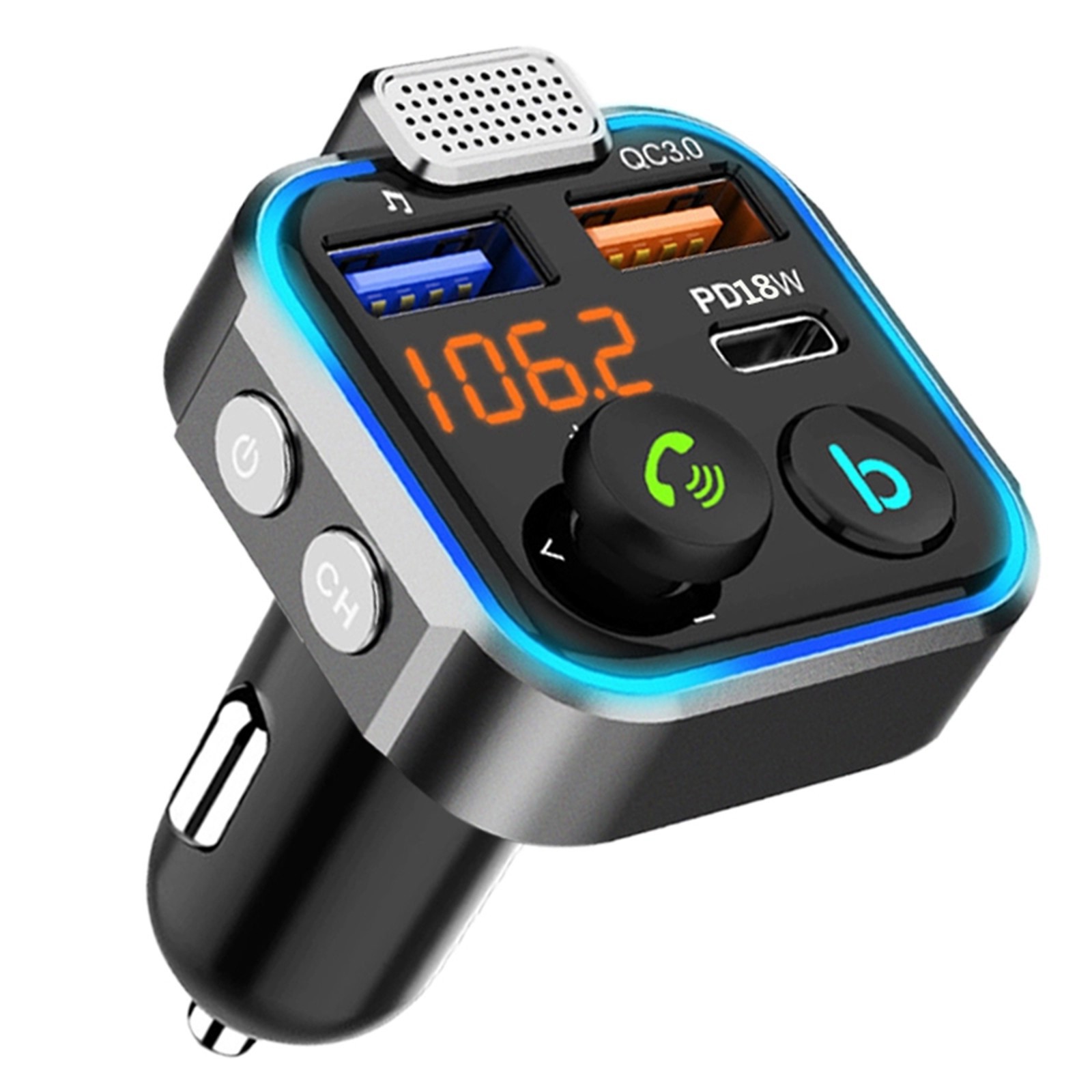 Bluetooth-autosender, Bluetooth 5.0-funksender Für Zigarettenanzünder, Pd-schnellladegerät Fürs Auto, Freisprechfunktion, Kompatibel Mit Mp3-playern Und Usb-sticks.