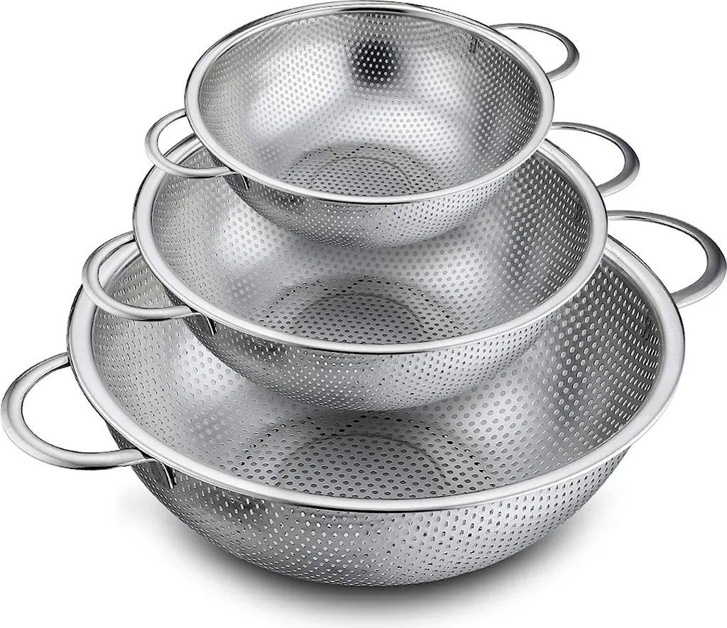 Dreiteiliges Edelstahl-küchensieb Mit Mikroporösen Löchern Und Griff, Ideal Für Nudeln, Obst, Reis Und Gemüse, Gesund Und Hochglänzend, Spülmaschinenfest