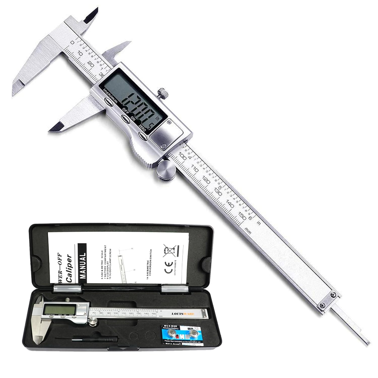Digitaler Messschieber, 0–150 Mm, Metrischer Tiefenmesser Aus Edelstahl Mit Extra Großem Lcd-bildschirm (silber)