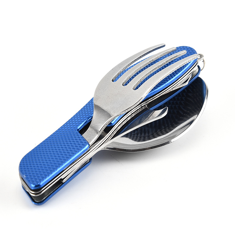 Set Bestehend Aus 2 Tragbaren Reise-tischsets Und 4-teiligem Besteckset (gabel, Löffel, Flaschenöffner) Mit Aluminiumgriff – Blau