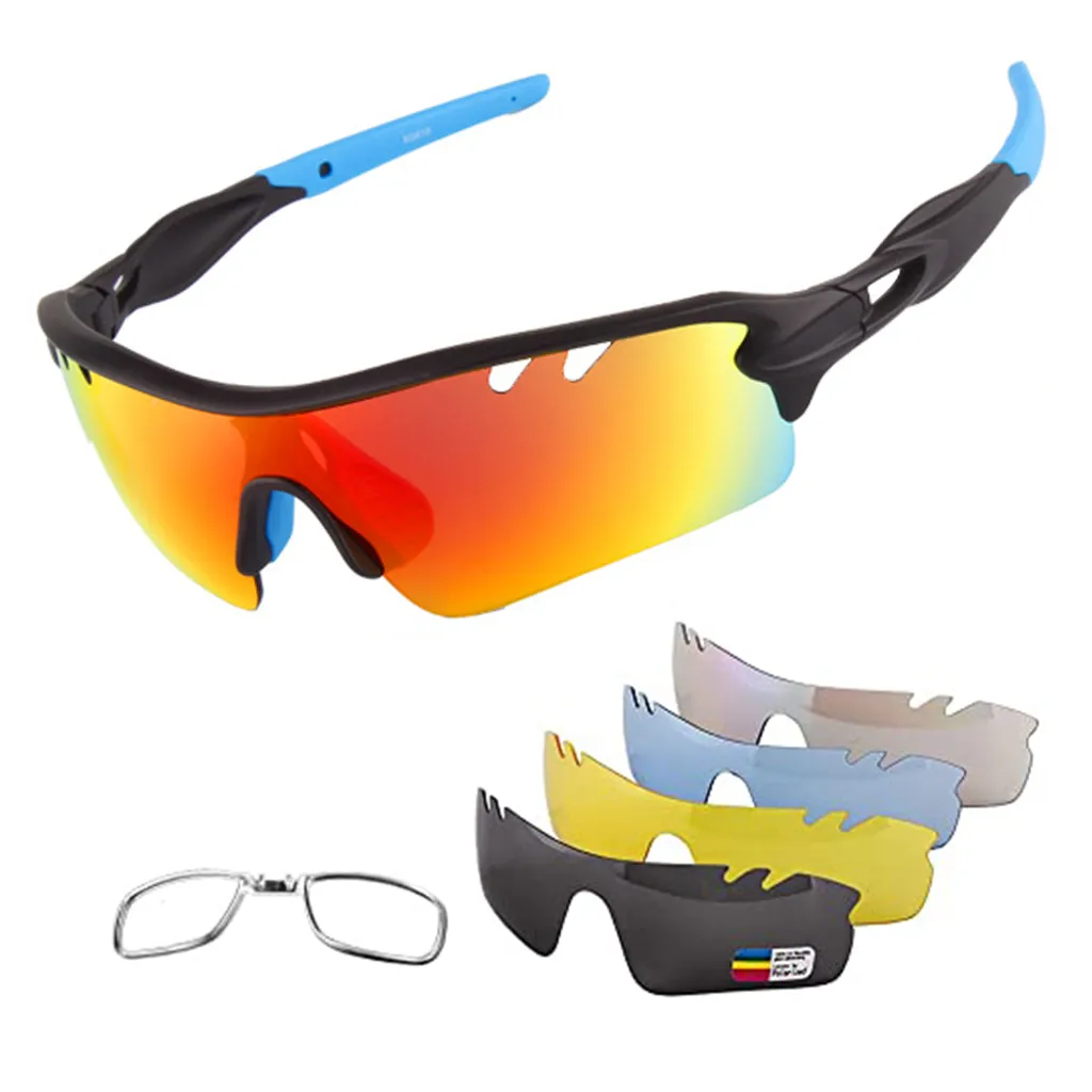 Fahrradbrille Sportbrille Herren Damen Polarisiert, Radsportbrillen Schutz Mit 4 Wechselobjektiven Für Radfahren Klettern Laufen Outdoor-sport (blau)