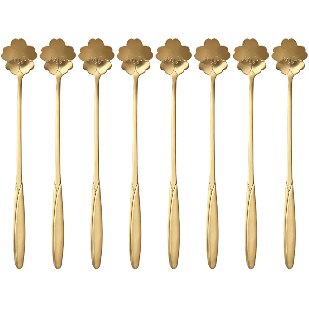 8-teiliges Blumenförmiges Löffel-set, Dessert-, Kaffee-, Zucker-, Rührlöffel, Kreativer Edelstahl-löffel In Gold, Kirschblüten-löffel
