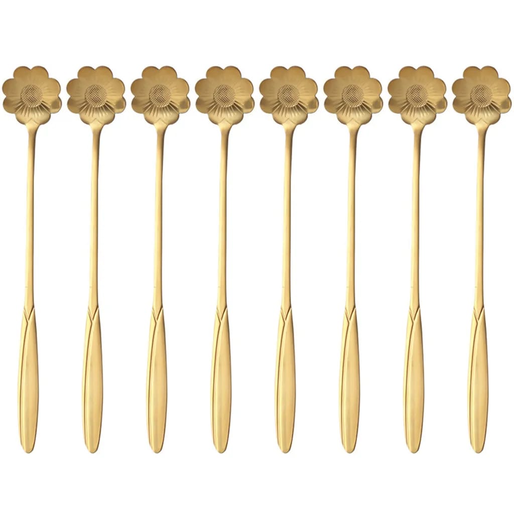 8-teiliges Blumenförmiges Löffel-set, Dessert-, Kaffee-, Zucker-, Rührlöffel, Kreative Edelstahl-löffel In Gold