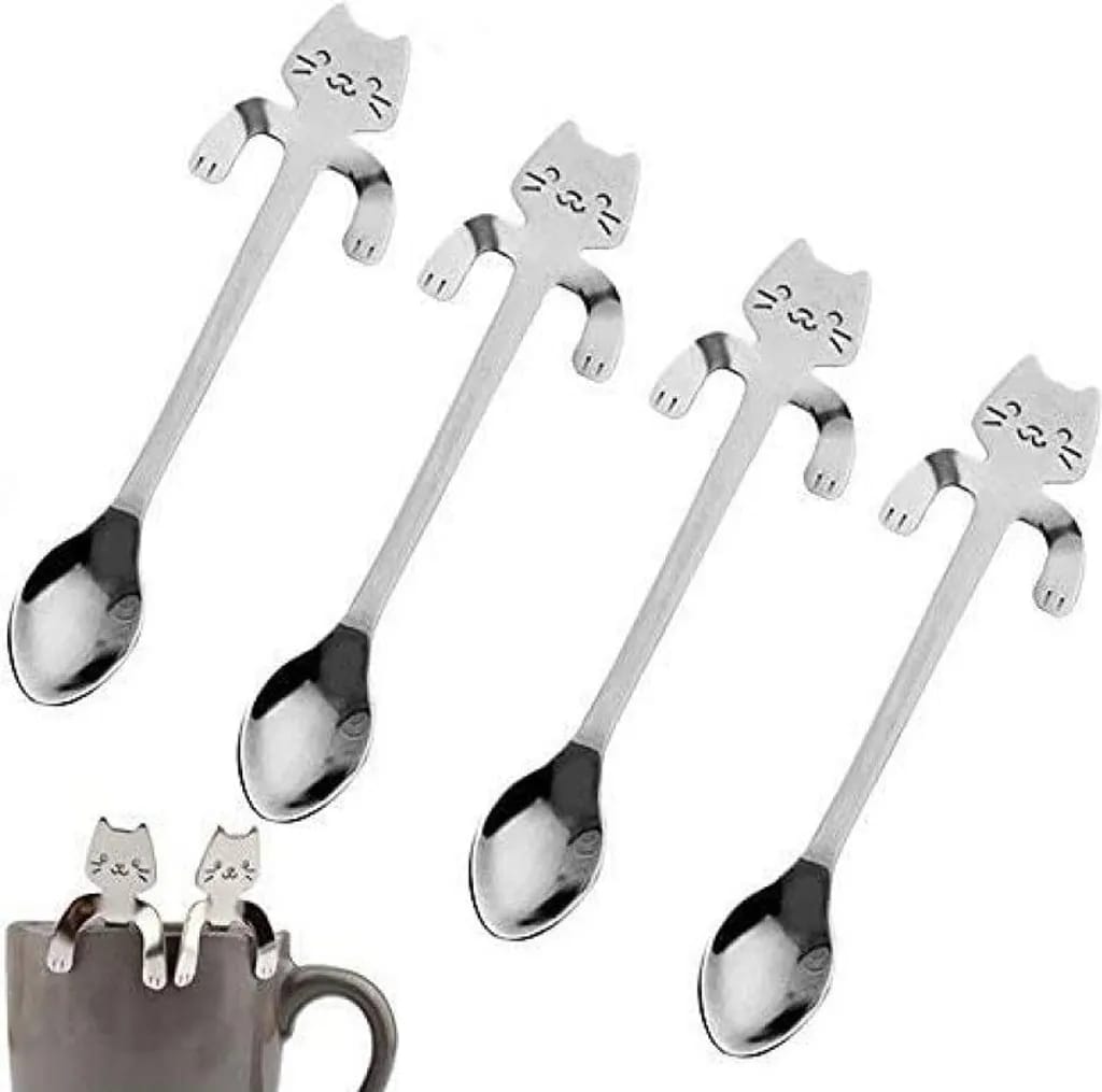 4 Stück Edelstahl-katzen-kaffee-löffel, Katzen-hängedesign-teelöffel-süßigkeitenlöffel, Geeignet Für Wasser-tee-milch-kaffee-süßigkeiten-getränk-milchshake
