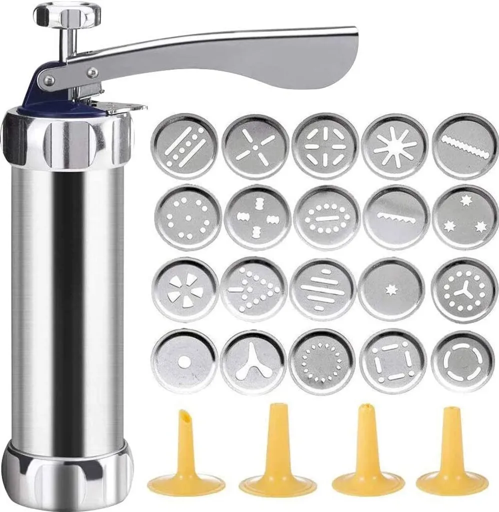 Kekspresse Aus Aluminium, Cookie Press Set, Keksmaschine, Gebäckpresse Mit 20 Aufsätzen Für Dünnen Teig, Edelstahl, Silber