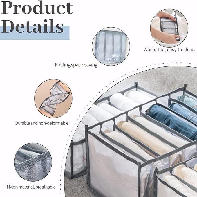 6-teiliges Kleiderschrank-organizer-set, Jeans-organizer, Schubladen-organizer, Netz-trennwand, Waschbar Und Faltbar, Grau