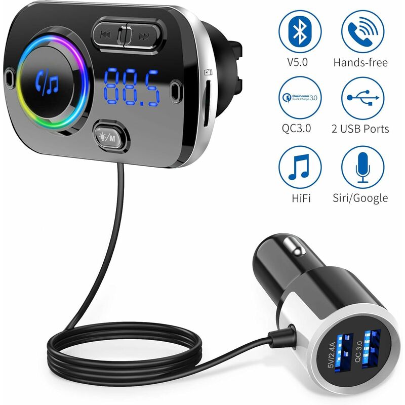 Freisprecheinrichtung Fürs Auto Mit Kabellosem Bluetooth 5.0 Fm-transmitter, Qc3.0 5v/2,4a Schnellladegerät, 2 Usb-anschlüssen, Farbiger Beleuchtung, Siri-kompatibilität, Tf-kartensteckplatz, 3,5-mm-a