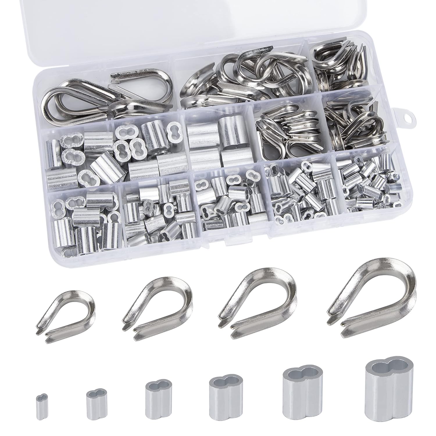 225-teiliges Drahtseil-schutzhüllen-set: Aluminium-schutzhüllen M1,2, M1,5, M2, M2,5, M3, M4, Edelstahl-ösen M2, M3, M4, M5 Mit Aufbewahrungsbox