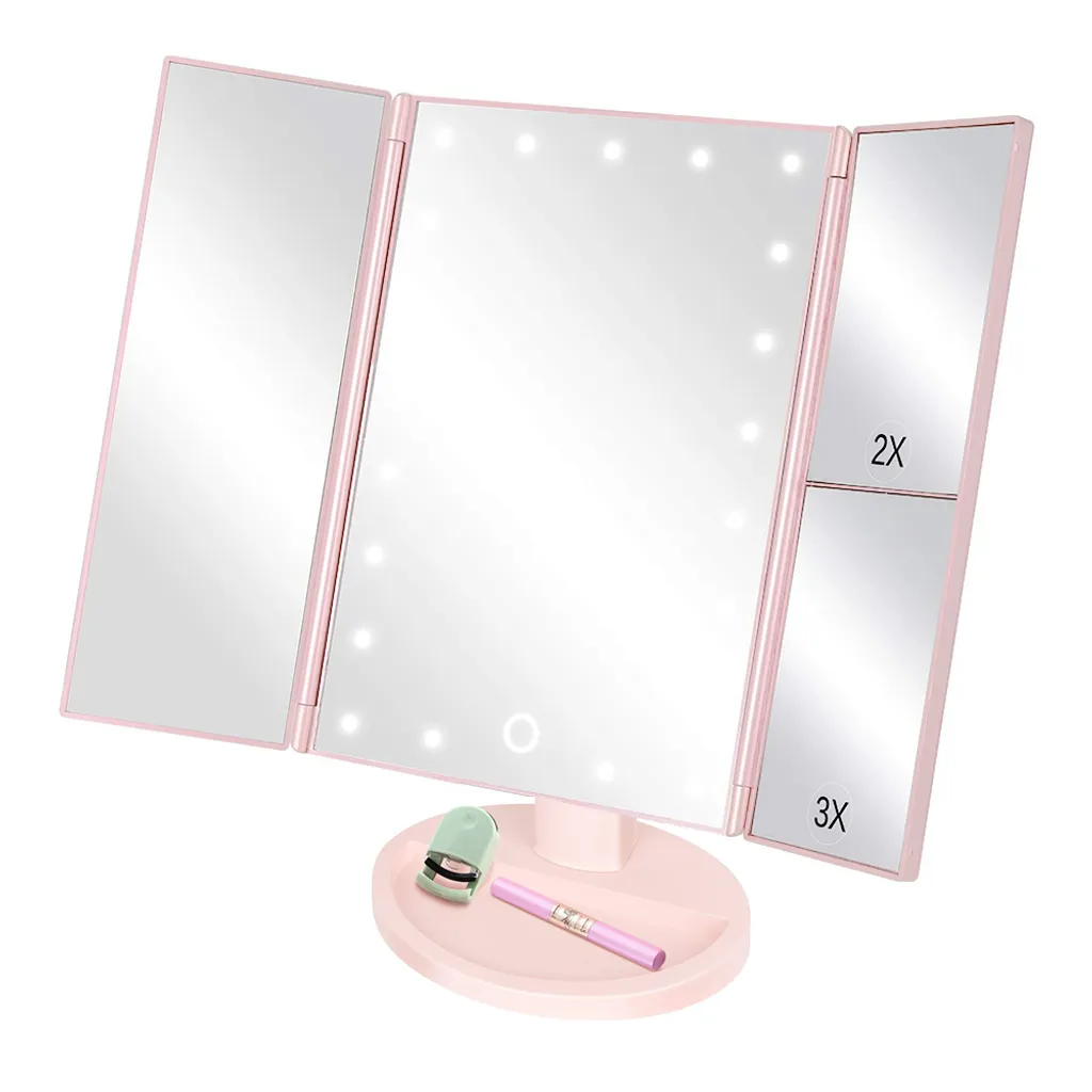 Schminkspiegel 2-fach/3-fach Vergrößerung 22 Led-leuchten Touchscreen-schalter Dreifach Gefaltetes Design 180° Drehung Tray Kosmetikspiegel