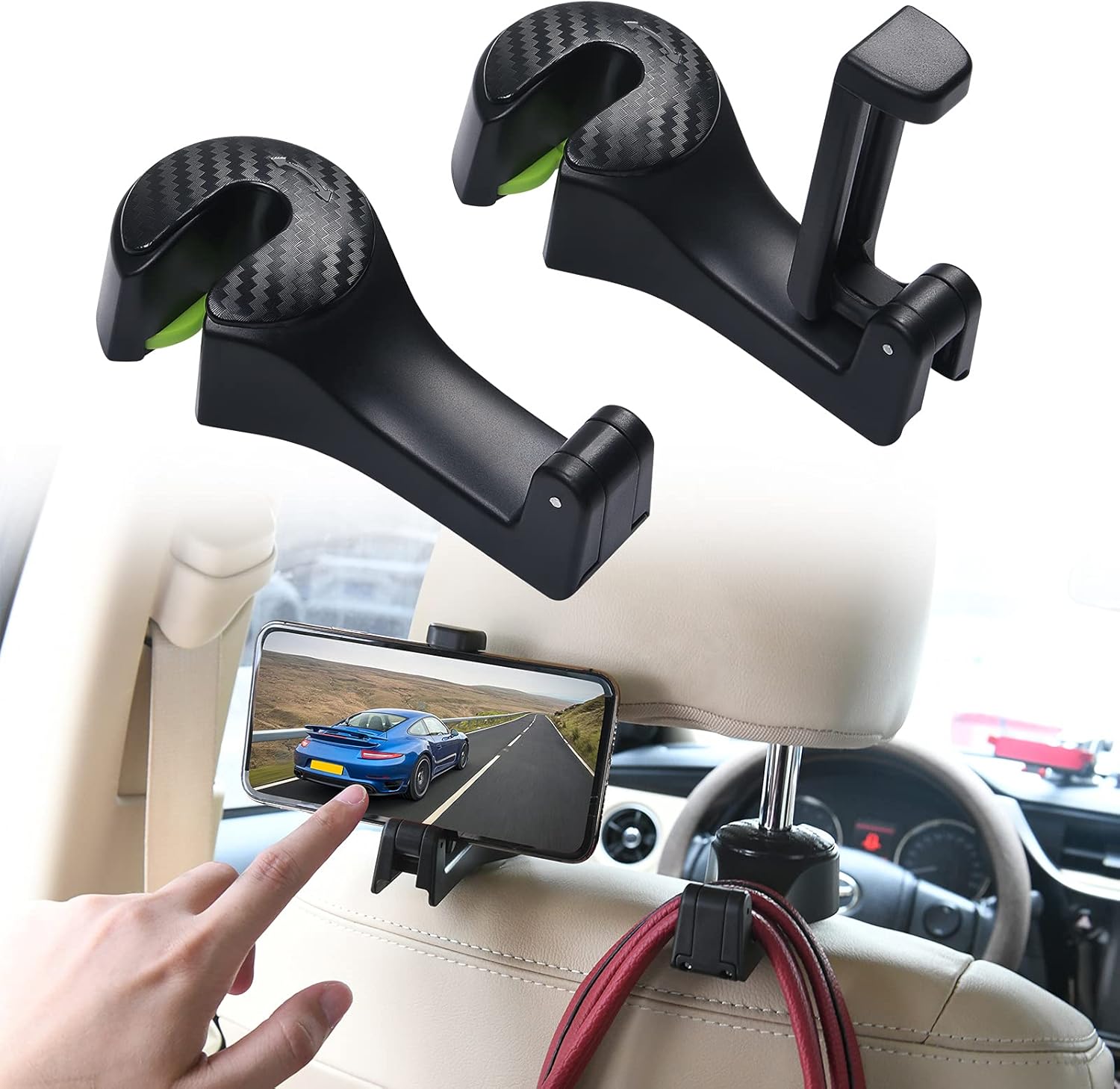 Set Mit 2 Autositzhaken Mit Handyhalterung, Multifunktionalem Handtaschenhaken, Schwarz