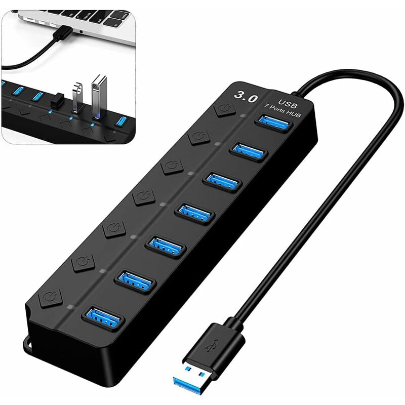7-port Usb 3.0 Hub Mit Separatem Schalter Und Integriertem Netzteil, Kompatibel Mit Pc Und Laptop.