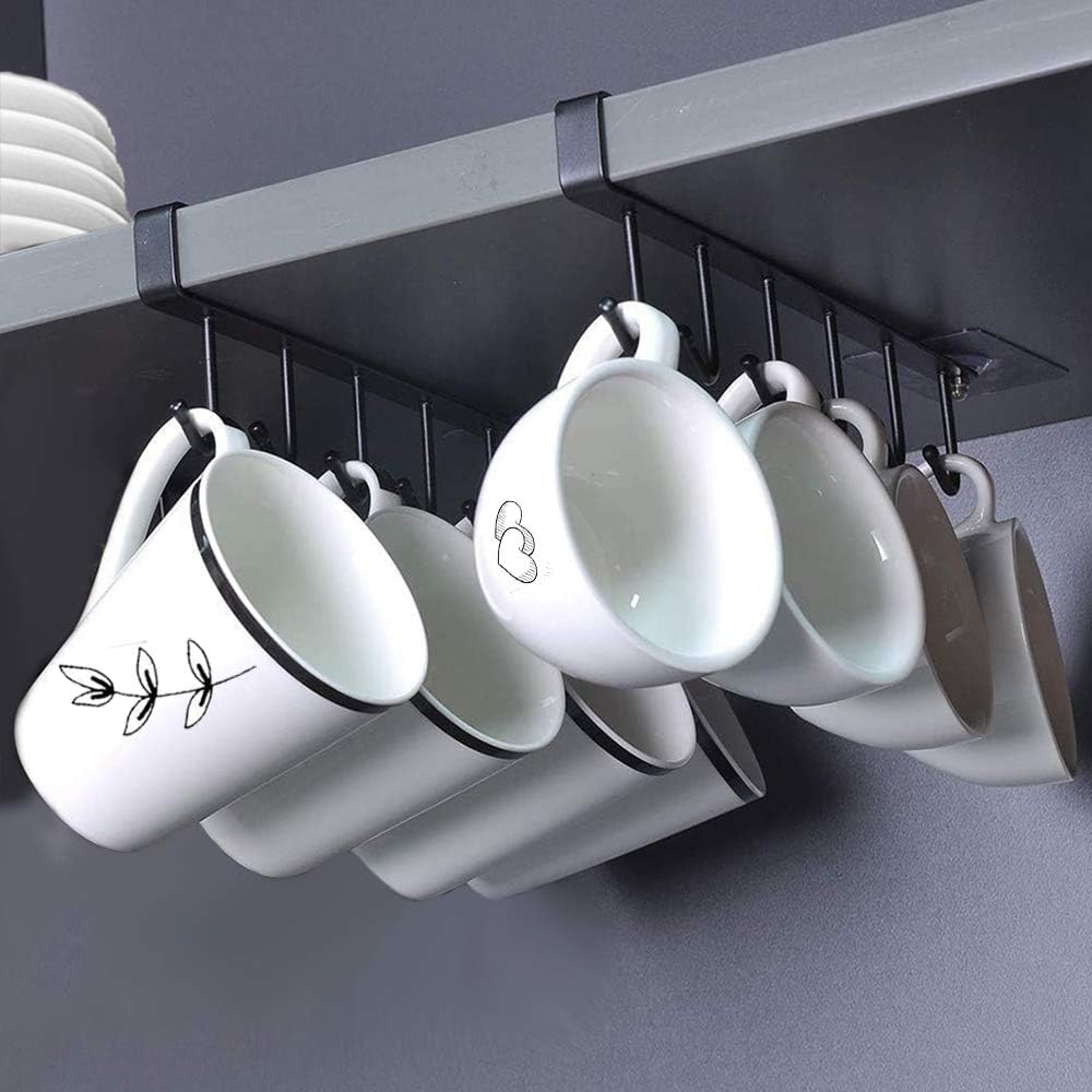 Set Mit 2 Multifunktionalen Unterbau-tassen-/handtuchhaken – Küchenutensilienhalter – Schwarz – Bohrfreie Montage