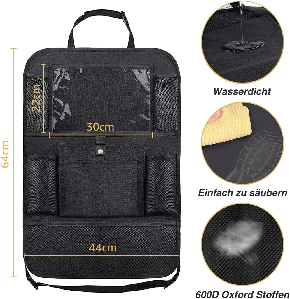 Autositz-rückenlehnenschutz Für Kinder Mit 12-zoll-ipad-/tablet-tasche, Wasserdichte Stoff-autositz-rücksitz-aufbewahrungstasche Schwarz