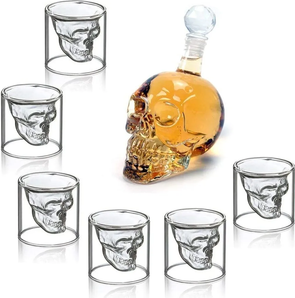 Totenkopf-schnapsgläser-set, Totenkopf-weinflasche Mit 6 Totenkopf-gläsern 75ml, Perfekt Für Farbige Getränke