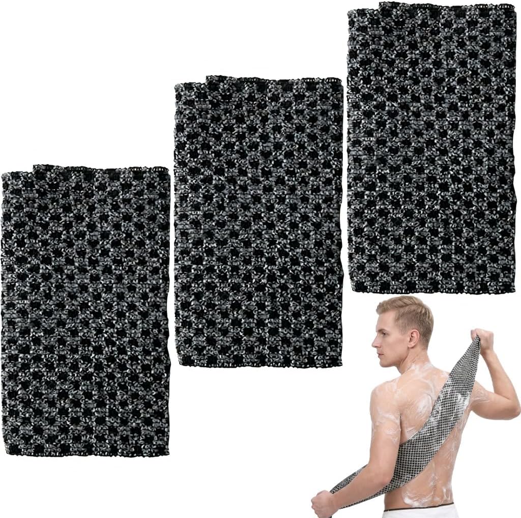 Peeling-badetuch-set, 3-teilig, Mit Nylon-netzeinsatz (25 X 100 Cm) Für Den Rücken, Geeignet Für Damen Und Herren Mit Empfindlicher Haut, Schwarz