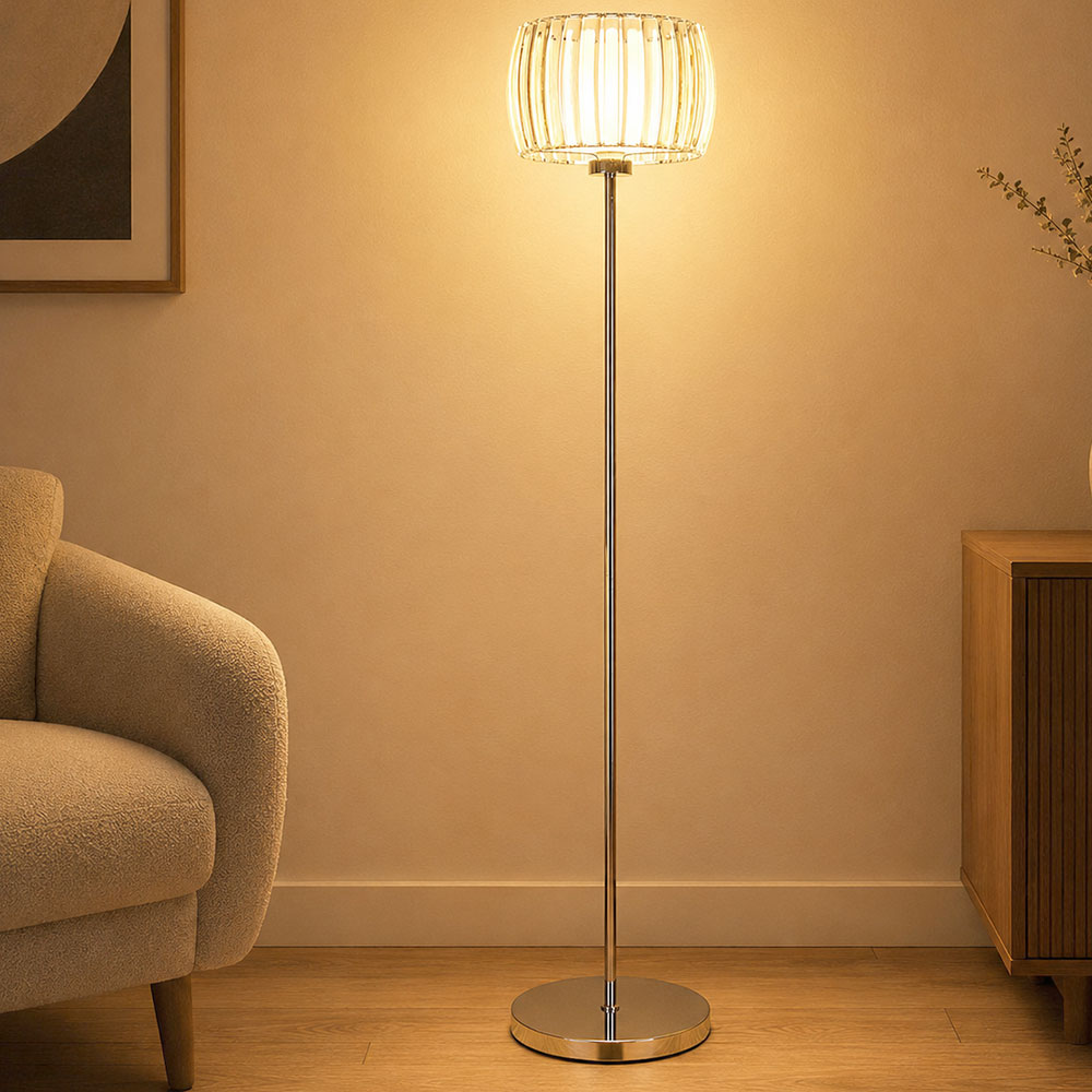 Led Stehleuchte Stehlampe Wohnzimmerlampe Fußschalter Silber Chrom H 150 Cm