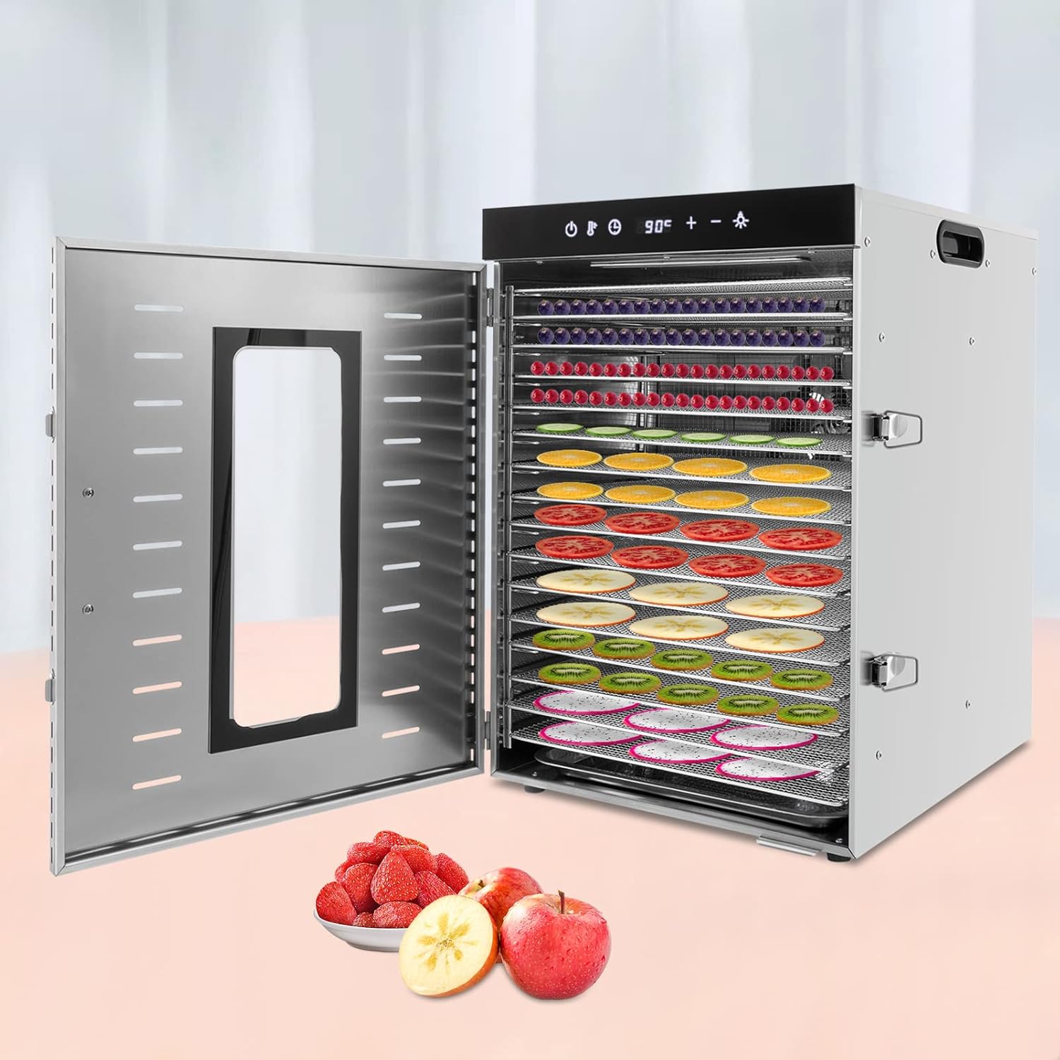 1500-w-edelstahl-dörrautomat Mit Rezeptheft, Temperaturregelung (35–90 °c) Zum Trocknen Von Obst, Gemüse Und Fleisch, 16 Einschübe, 24-stunden-timer