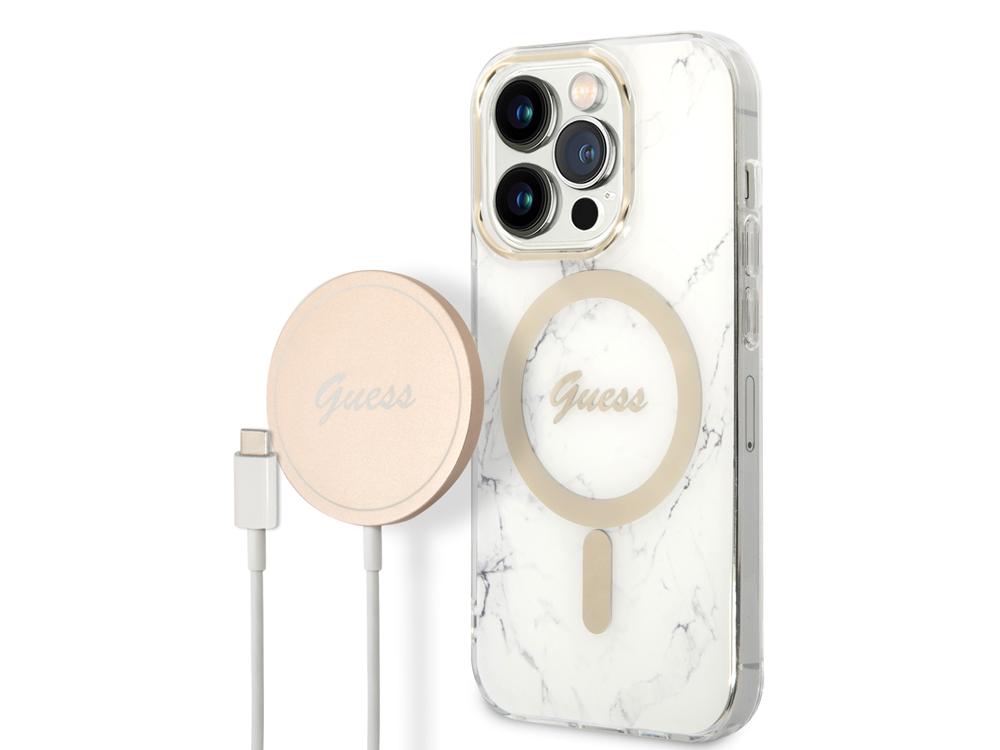 Iphone 14 Pro Guess Marble Magsafe Hülle Weiß