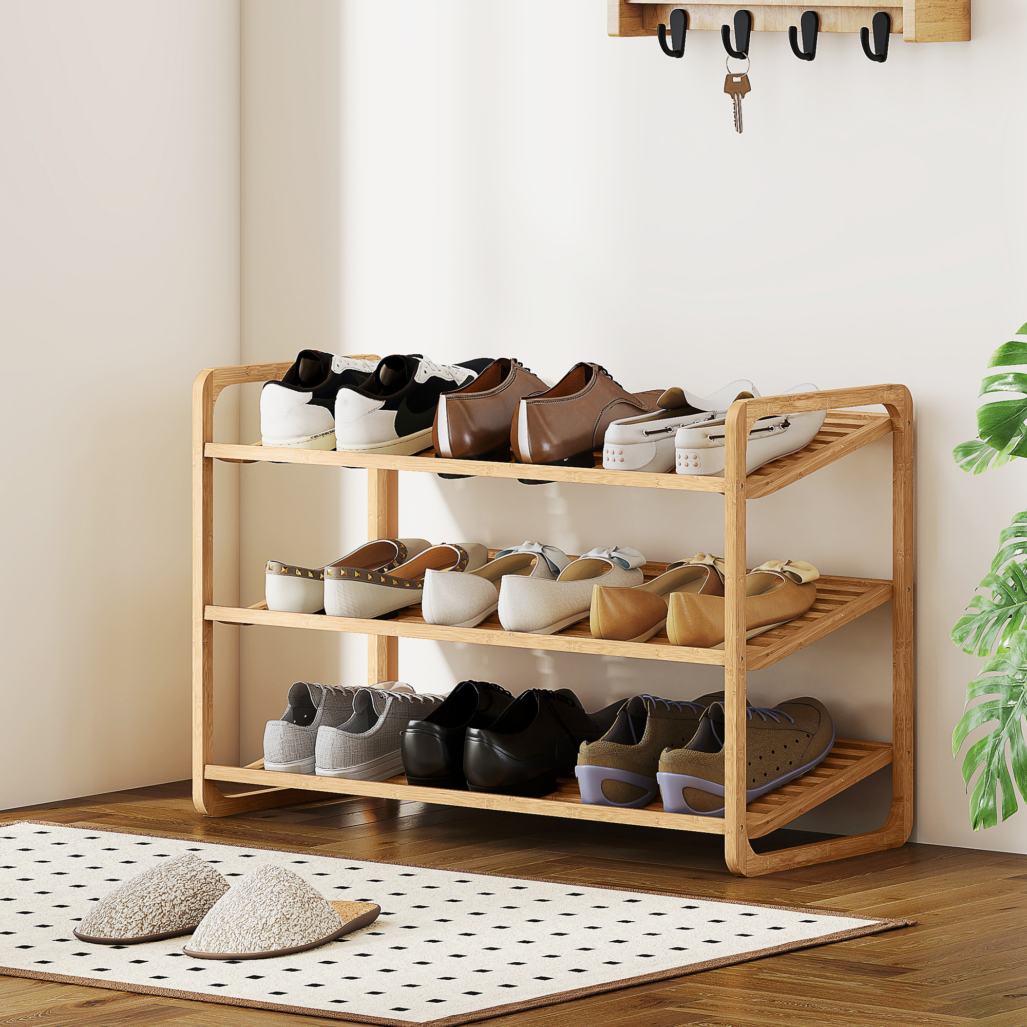 Dreistöckiges Schuhregal Aus Bambus, Bietet Platz Für 12 Paar Schuhe, 76 X 33 X 50,8 Cm, Aus Naturholz.