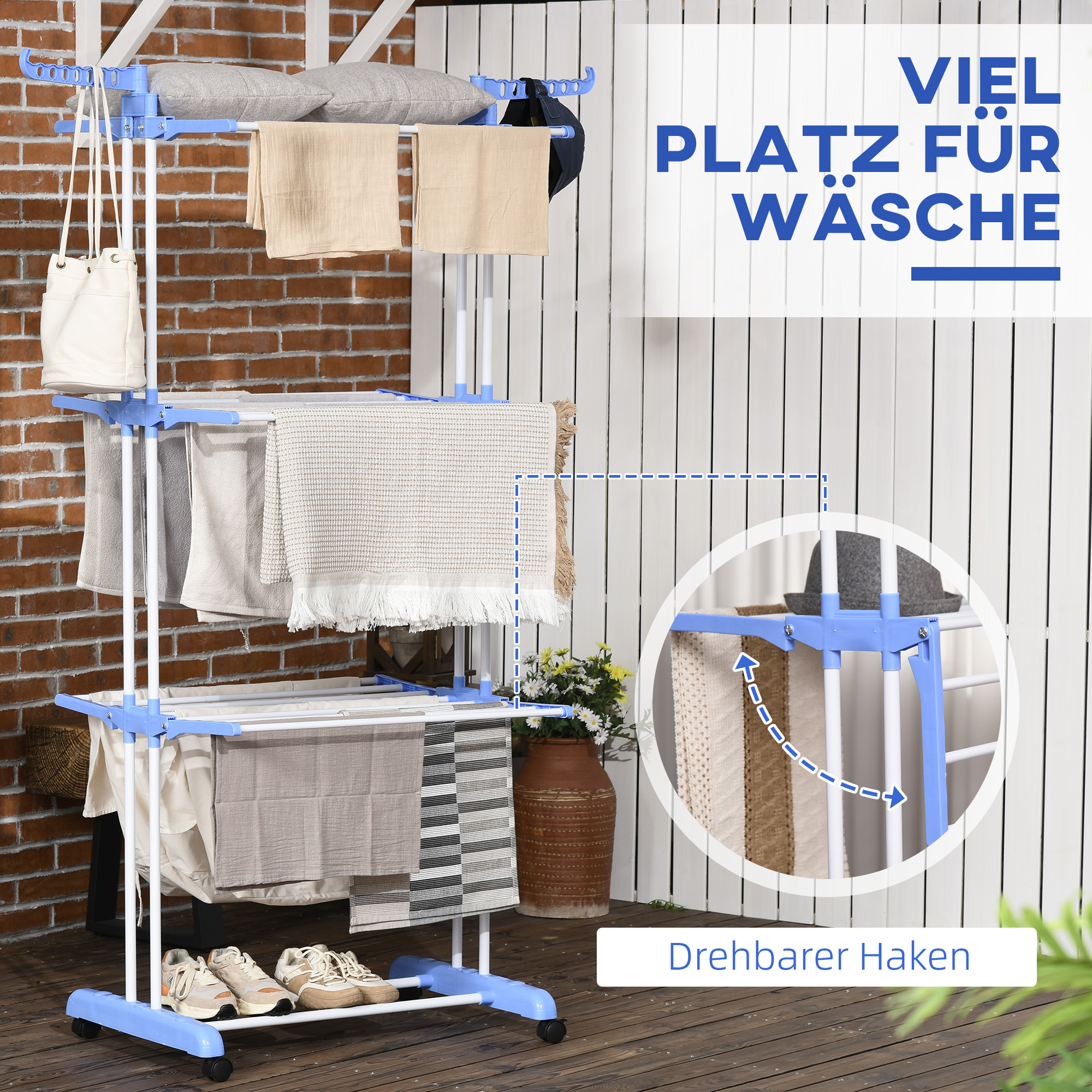 Wäschetrockner, 4 Ebenen, Faltbar, 4 Räder Mit 2 Bremsen, Metallrahmen, Blau Und Weiß, 73 X 64 X 177 Cm.