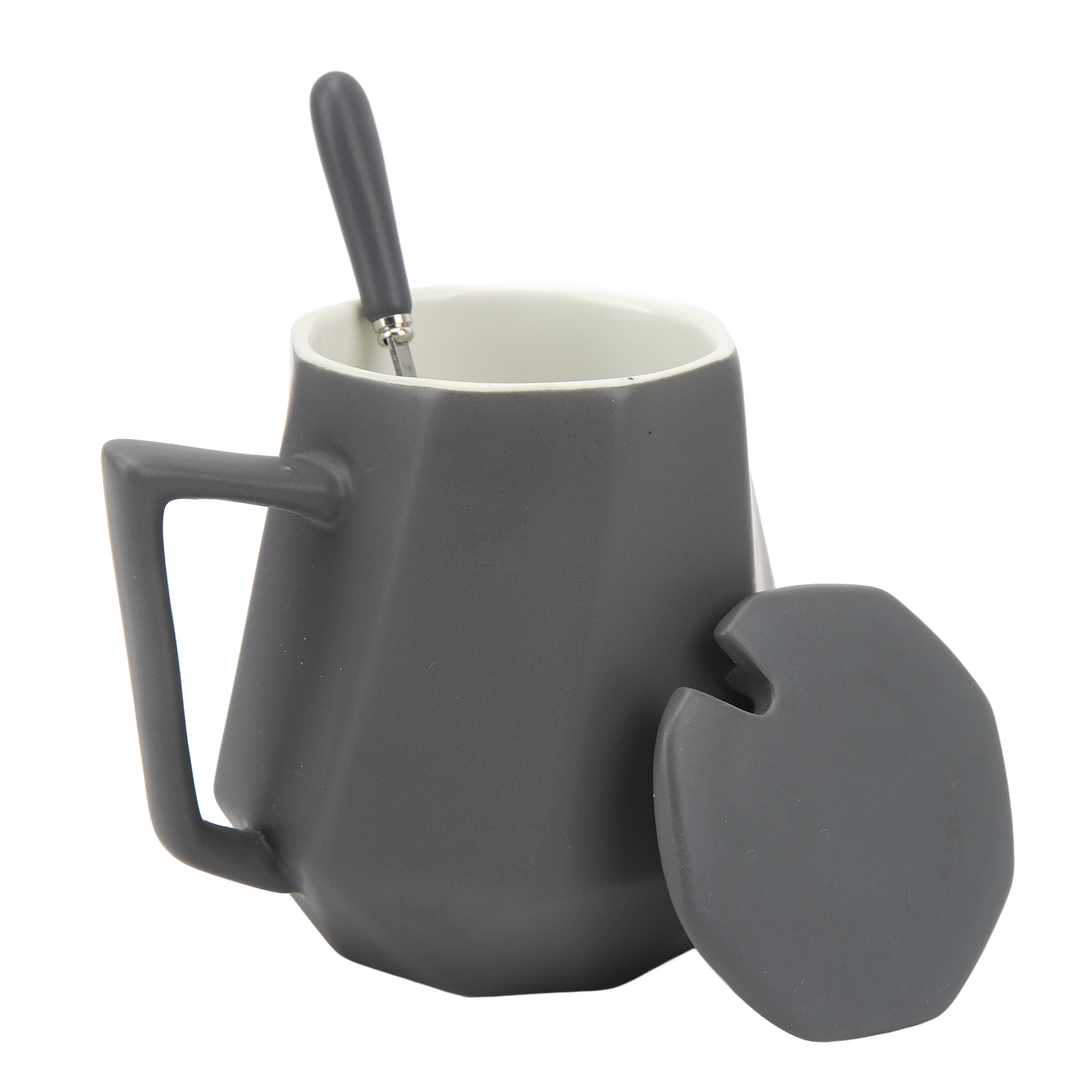 Keramik-kaffeetassen, Schlichtes Und Innovatives Geometrisches Polyeder-design, Mit Deckel, 450 Ml, Grau, Ideal Für Zuhause Und Büro.