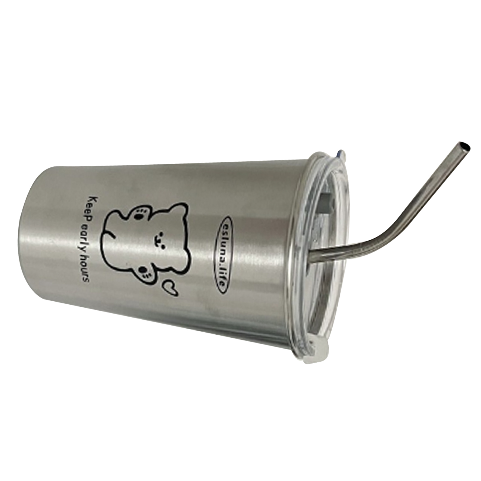 Isolierbecher Aus Edelstahl (500 Ml) Mit Metalldeckel Und Strohhalm, Ideal Für Eiskaffee, Wasser, Tee Oder Andere Getränke. Mit Fröhlichem Bärenmotiv.