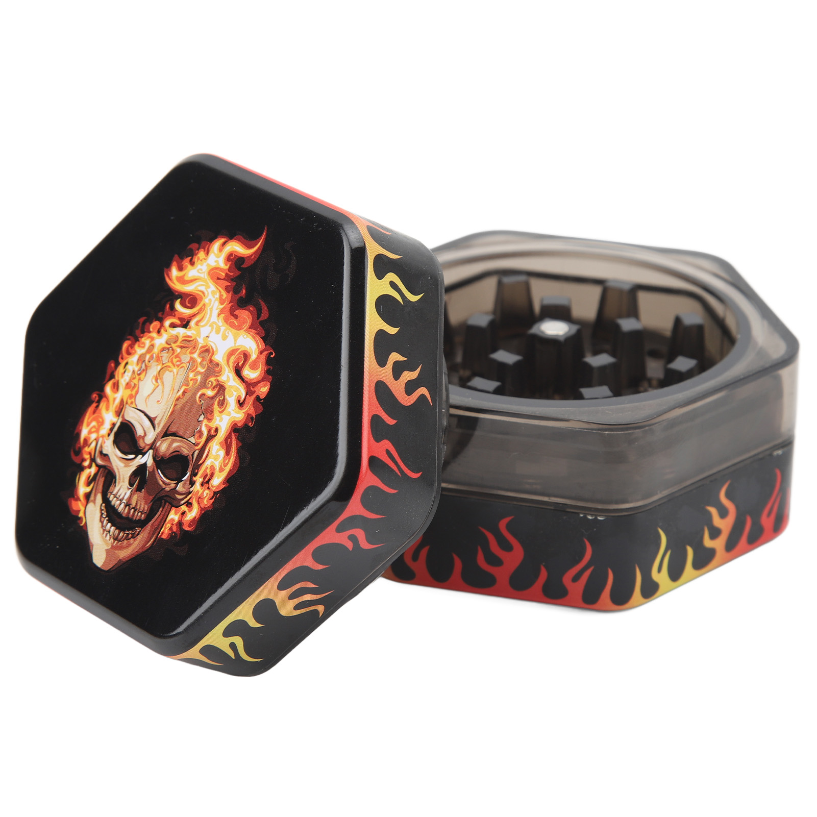 Sechseckige Kräutermühle (50 Mm), 3 Mahlstufen, Zinklegierung, Manuelle Gewürzmühle Für Tabak Und Zigaretten, Totenkopf-flammen-design